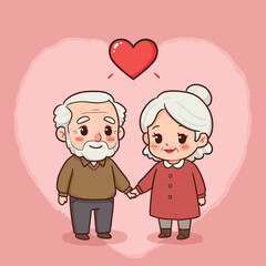 Cartoon Elderly Couple Holding Hands with Floating Heart