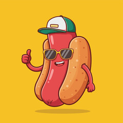 Cool cartoon hotdog character with sunglasses giving thumbs up