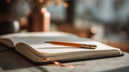 Still life of book and pencil on table