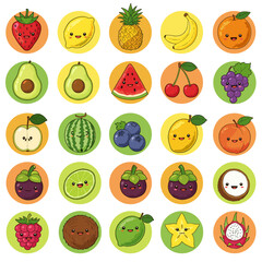 Collection of cute cartoon fruit characters with smiling faces