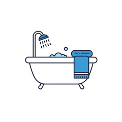 Bathtub with running shower and bubbles, bathroom icon line art