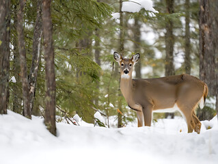 Whitetail Deer in a Snowy Winter Forest Scene