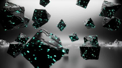 Sleek polyhedrons orbit and ripple with liquid-metal surfaces, glowing cyan etchings pulsing in a cyberpunk void, with sparks trailing into silvery vapor - Powered by Adobe