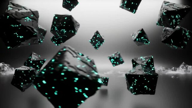  Sleek polyhedrons orbit and ripple with liquid-metal surfaces, glowing cyan etchings pulsing in a cyberpunk void, with sparks trailing into silvery vapor - Powered by Adobe