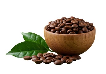 Fototapeta premium Roasted coffee beans in wooden bowl with leaves product photography