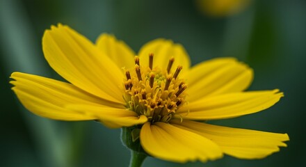 Obraz premium Exquisite Close-Up of a Vibrant Yellow Wildflower, Nature's Golden Jewel, Detailed Macro Photography. High quality professional stock photo suitable for commercial use.