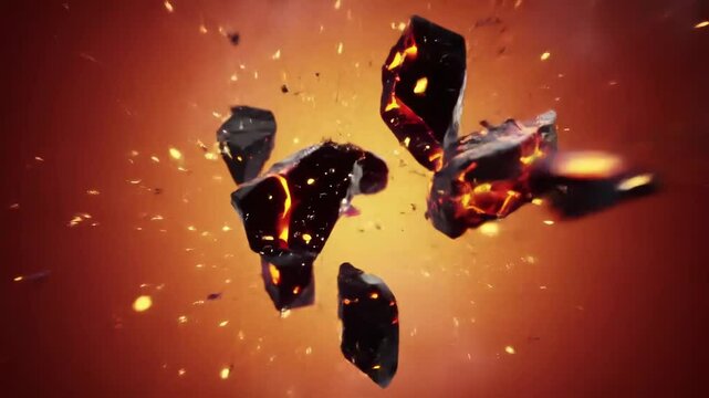  Jagged obsidian shards orbit with molten cores pulsing, ember sparks flaring through ashen wisps in a crimson void