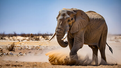 Fototapeta premium Imposing African Elephant Walking in a Dusty Savanna Landscape