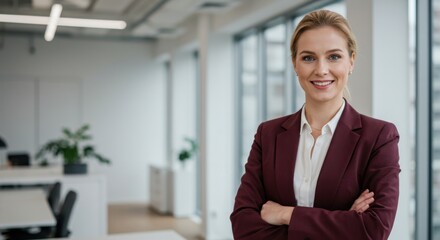 Fototapeta premium Portrait of a blonde woman in a maroon blazer standing in an office with arms crossed smiling