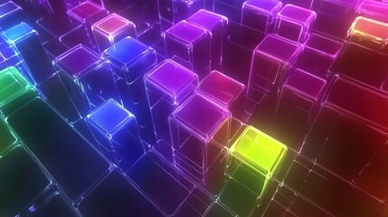 Obraz premium Vibrant abstract cityscape with glowing blocks showcasing modern architecture and urban development illuminated with digital lights