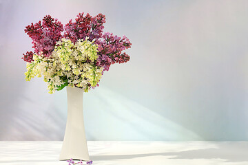 Beautiful still life with bouquet of white and purple lilac in vase on elegant modern background, template for design and flyer for screen.Abstract flower arrangement.Spring greeting card,