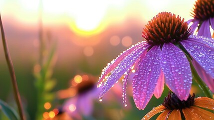 Prairie wildflowers in ethereal morning light with sparkling water droplets decorating purple coneflower petals, creating organic textures for contemporary natural backgrounds