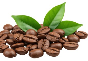 Obraz premium Roasted arabica coffee beans with fresh green leaves close up view