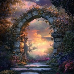 Magical garden archway at sunset