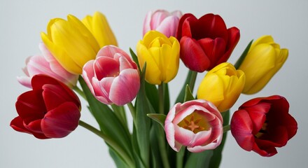 Fototapeta premium Vibrant Spring Bouquet: A Close-Up of Colorful Tulips in Red, Yellow, and Pink Hues. High quality professional stock photo suitable for commercial use.