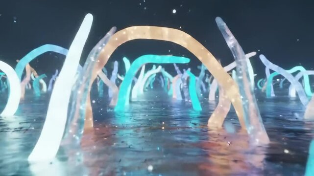  Translucent arches sway rhythmically in an endless glowing field, shifting color and form in a serene synthetic biome