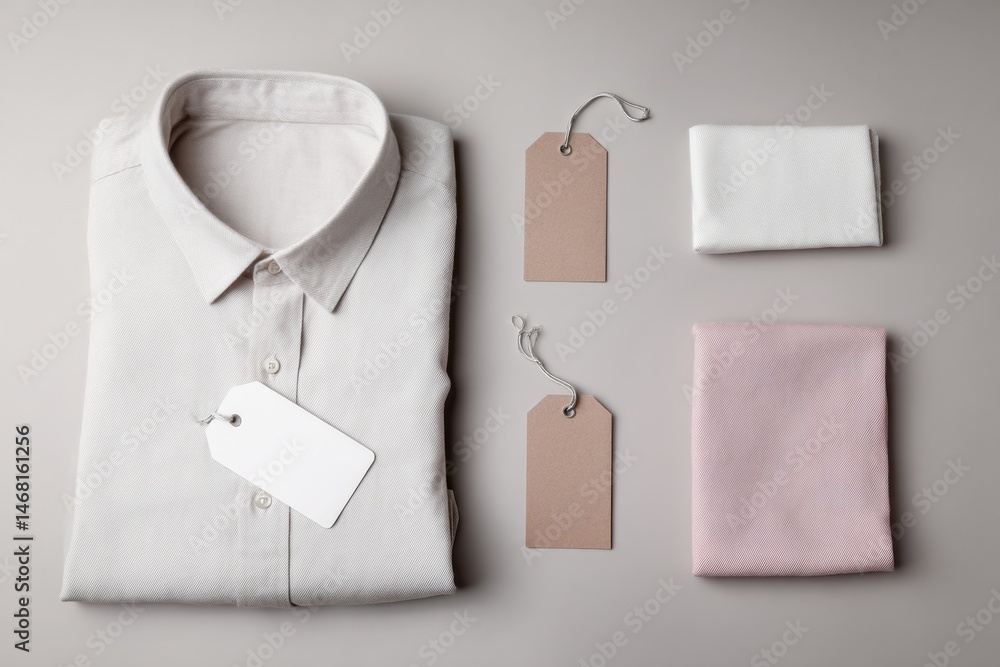 Aufkleber neatly folded shirt with tags displayed on a flat surface against a neutral fabric background genera