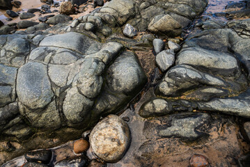 Wet rocks and stones on the edge of a beach. Preserved environment.