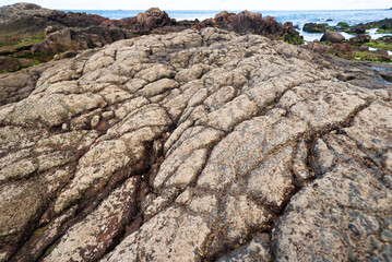 Wet rock formation full of texture on the edge of a beach. Preserved environment.