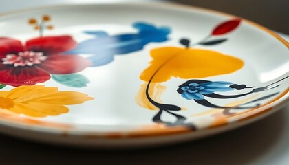 white plate with colorful flowers painted on it