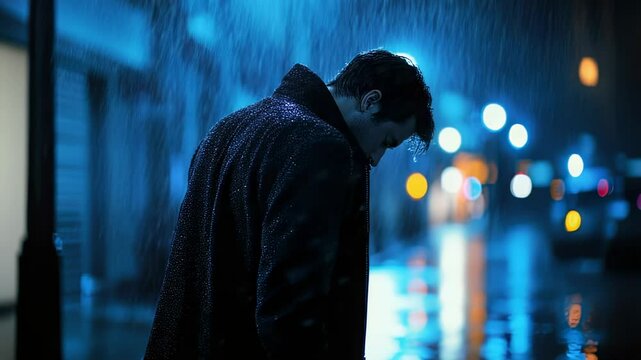 Pensive man in coat stands in city rain at night, cinematic mood