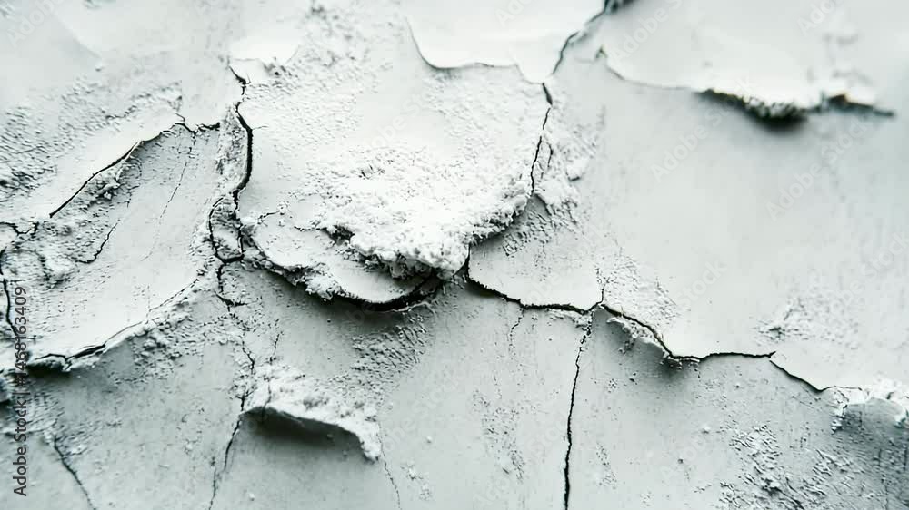 Poster close-up of cracked white paint texture with peeling layers, creating an abstract and weathered surf
