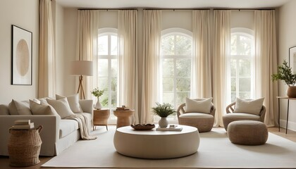 Fototapeta premium Serene Beige Living Room Interior with Natural Textures