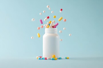 White bottle with multicolor pills and capsules floating against blue background. Healthcare, pharmaceutical supplement and treatment concept.