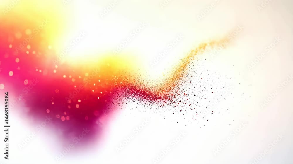 Poster abstract colorful particles flowing on white background, bokeh effect