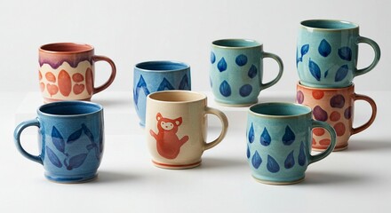 Delightful Collection of Hand-Painted Ceramic Mugs: Unique Designs for Coffee, Tea, and Hot Chocolate Lovers. High quality professional stock photo suitable for commercial use.