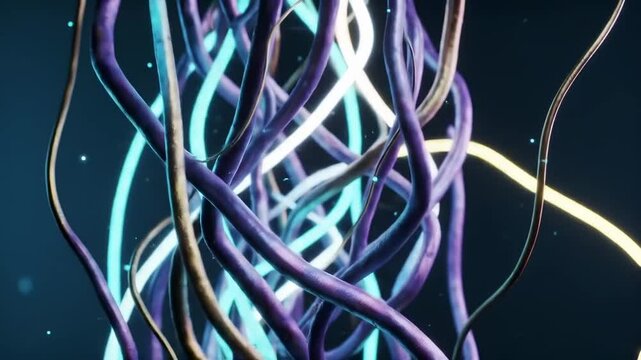 A glowing metallic mesh of vines and filaments forms in air with pulsing light and organic motion