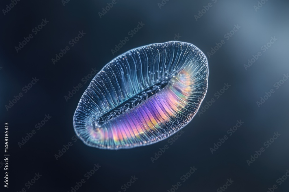 Poster a mesmerizing microscopic view of a bioluminescent sea creature, showcasing its iridescent and intri