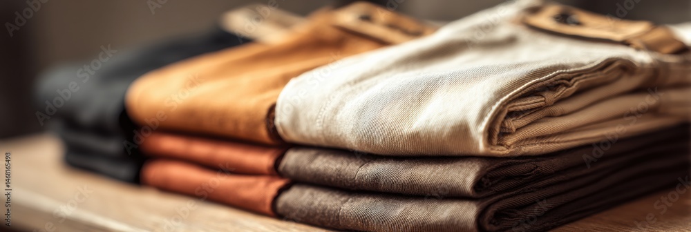 Aufkleber folded trousers displayed on a wooden shelf with visible labels and muted right half generative ai