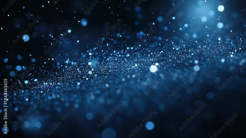 Poster abstract blue glitter particles floating in dark space, bokeh effect