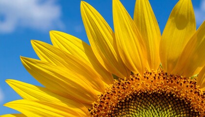 Naklejka premium 真夏の青空を背景に、ひまわりの鮮やかな黄色の花びらが輝いています