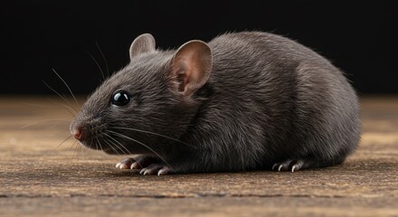Adorable Dark Gray Mouse Close-Up on Rustic Wooden Surface, Captivating Pet Portrait with Detailed Fur and Whiskers