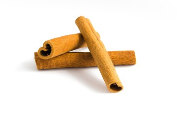 Cinnamon bark pieces laid out on white, emphasizing their textured surfaces and warm earthy tones.