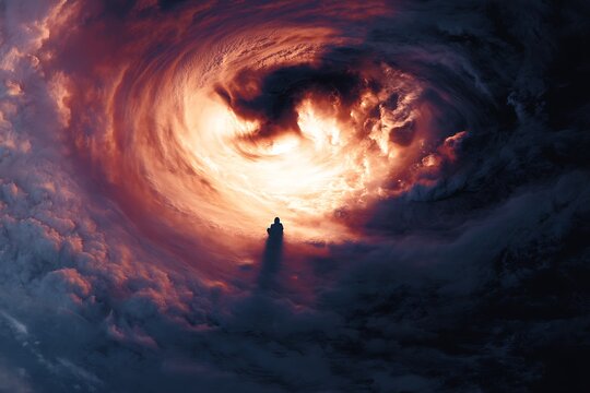A kneeling shadow with a hurricane rotating where its heart should be, the eye of the storm containing a perfectly still but screaming face
