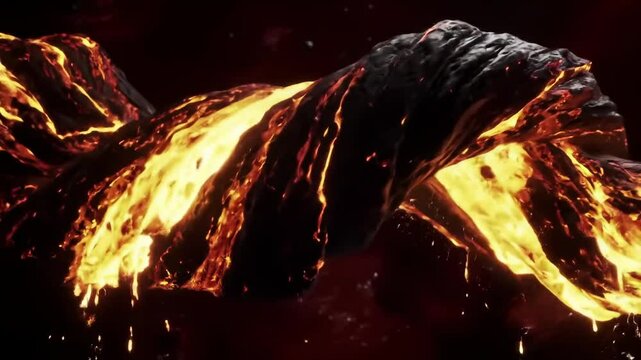 A molten, glowing metal helix slowly twists through crimson fog, pulsing with inner heat and arcing with plasma filaments in an ambient dark void.