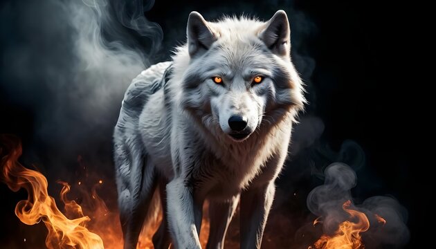 Majestic White Wolf in Flames