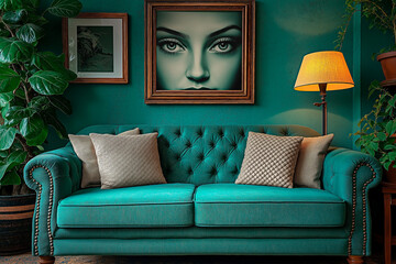 Elegant Interior Design: A luxurious teal sofa and complementary furnishings create a stunning interior design. The room is accented with a captivating artwork and plants.