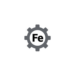Vector icon of a gear with Fe, the chemical symbol for Iron. Represents industry, manufacturing, engineering, machinery, strong metals, and the elemental basis of technology and construction