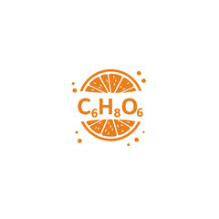 Vector icon of an orange slice with C six H eight O six, the chemical formula for Vitamin C or ascorbic acid. Symbolizes natural vitamins, nutrition, healthy eating, antioxidants, and fruit chemistry
