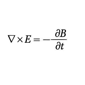 Icon of Faradays law, one of Maxwells equations, nabla cross E equals minus partial B partial t. Shows mathematical beauty in electromagnetism, physics, and science education principles