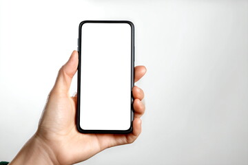 female hand holds a smartphone with a white screen on a white background