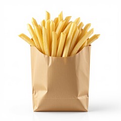 close up paper bag with fried french fries isolated white background