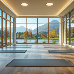 Fototapeta premium A modern yoga studio with expansive windows overlooking a serene mountain and lake landscape.