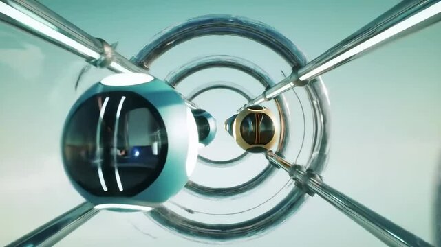 Glass-like spheres rotate inside a glowing suspended ring, each shaped for inclusive transit, floating in a tranquil sky corridor.