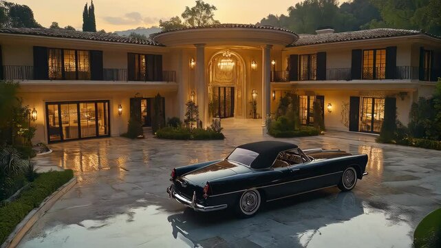 Elegant classic car parked in front of a luxurious mansion at sunset in a serene neighborhood