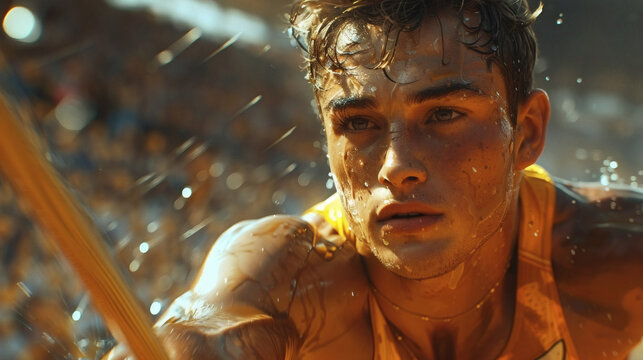 Sweaty athlete with determined look during a competition, showing focus and strength in action.